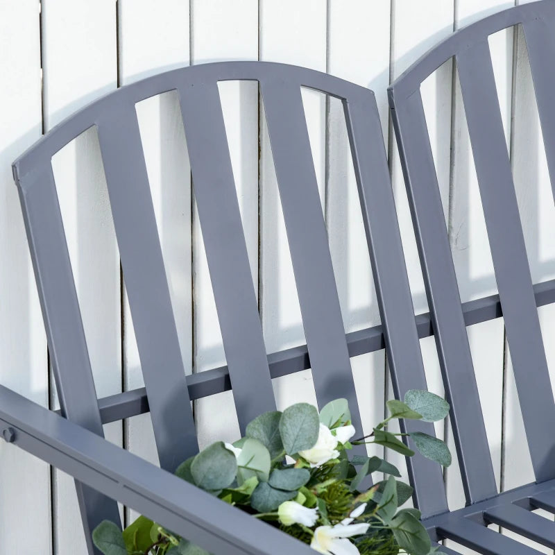 Grey Steel Outdoor Garden Bench Loveseat with Slatted Design