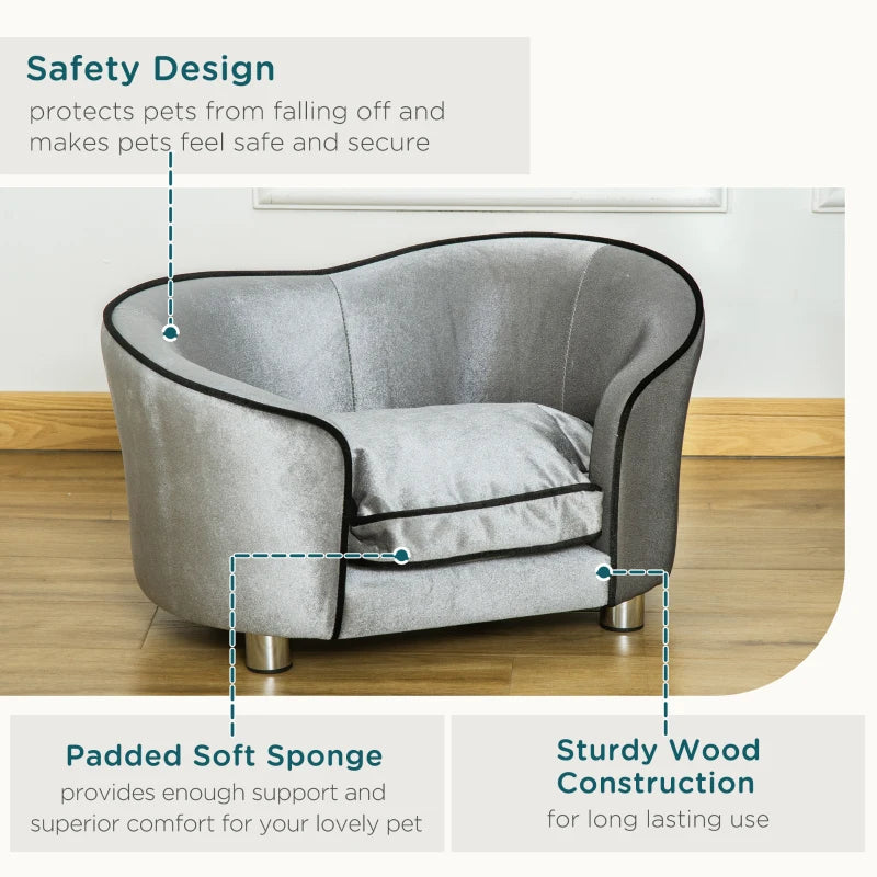 Stylish Dog Sofa Pet Chair with Wooden Frame, Removable Cushion - Grey & Silver-Tone Kitten Bed Couch