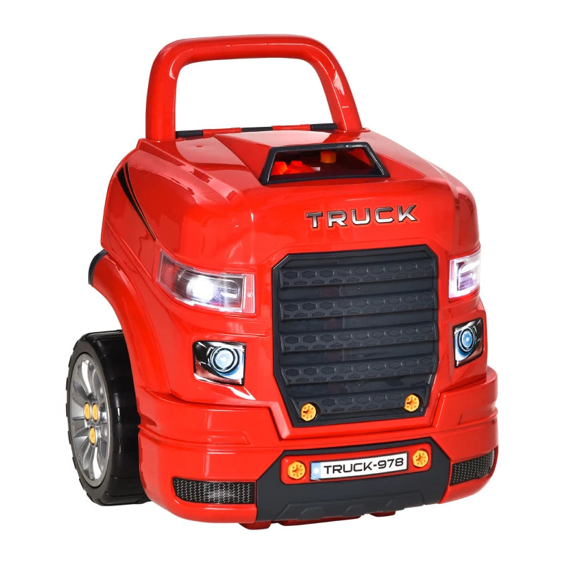 Kids Truck Engine Toy Set Educational Car Service Station Playset Take Apart Workshop with RC Car Key Steering Wheel Horn Light for Toddlers Ages 3 to 5 Red