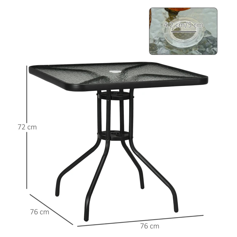Square Glass Top Patio Dining Table, Steel Frame, Umbrella Hole, 76x76cm, Black