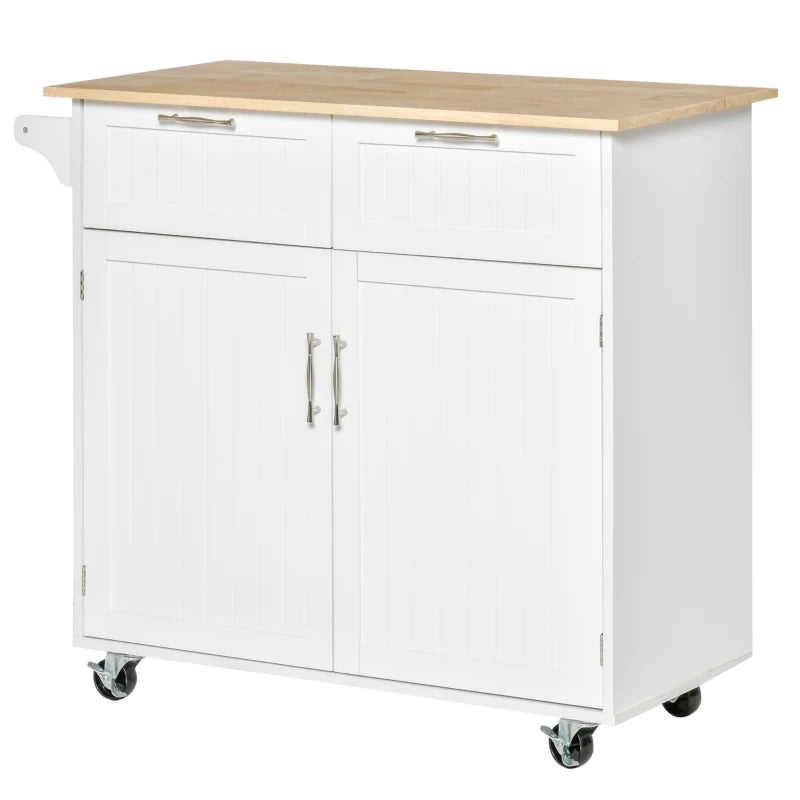 White Kitchen Island Utility Cart with 2 Storage Drawers & Cabinets - Perfect for Dining Room Organization