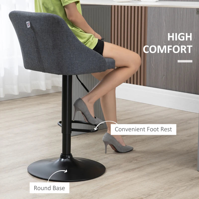 Modern Adjustable Bar Stools Set of 2 - Swivel Fabric Barstools with Footrest, Armrests & Back for Kitchen & Dining - Dark Grey