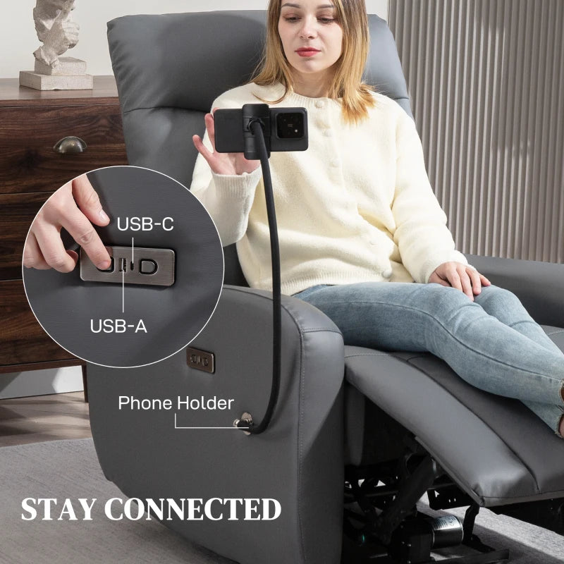 Electric Recliner Armchair with USB and Type C Charging, Phone Holder, Adjustable Leg Rest, Grey PU Leather for Living Room