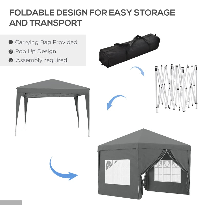 Grey 3x3m Pop Up Waterproof Gazebo Tent with Windows & Carry Bag