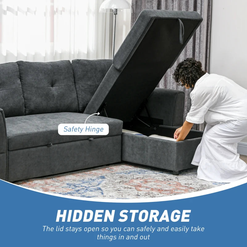 L-Shaped 3-Seater Sofa Bed with Storage – Convertible Click Clack Futon for Living Room, Dark Grey