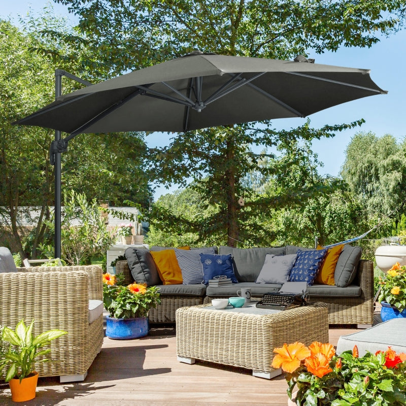 Grey 3x3m Cantilever Garden Umbrella with 360° Rotation and Tilt