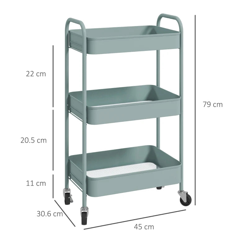 Light Blue Three-Tier Steel Storage Trolley - Durable, Stylish Organizer for Home, Office, Kitchen & Garage