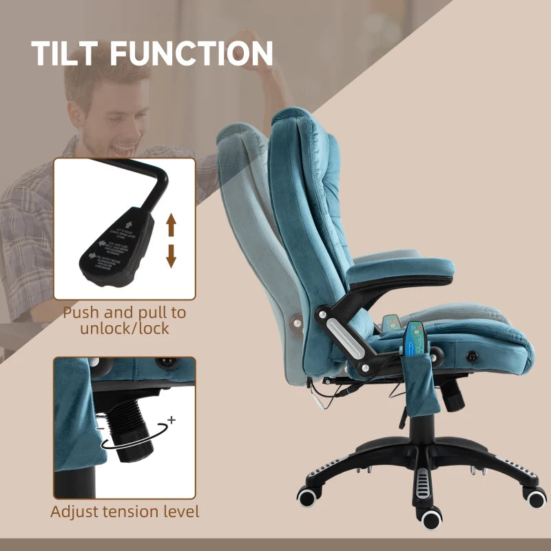 Vinsetto Heated Massage Recliner Chair - 6 Massage Points, Velvet Fabric, 360° Swivel, Blue - Perfect for Office & Relaxation