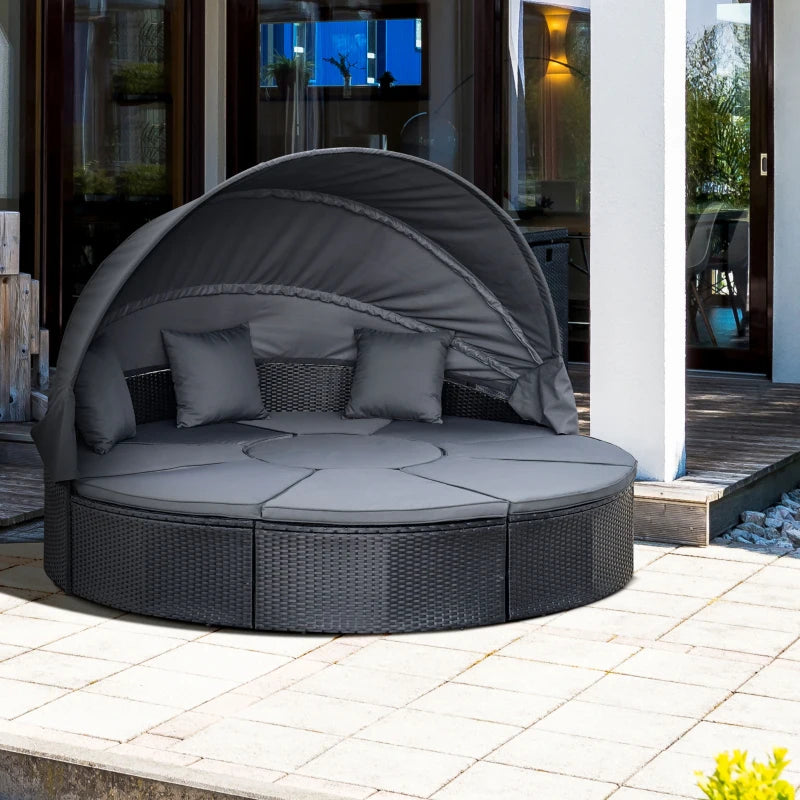 Black Rattan Outdoor Daybed Set with Canopy & Coffee Table