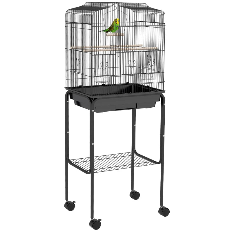 Bird Cage for Budgies Finches and Parakeets with Stand Wheels and Slide-out Tray Storage Shelf Black