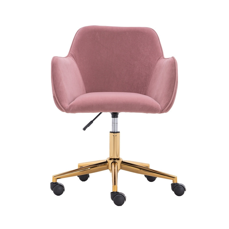 Elegant Pink Velvet Swivel Office Chair with Gold Legs and Ergonomic Backrest, Adjustable Height, 58x58x86 cm