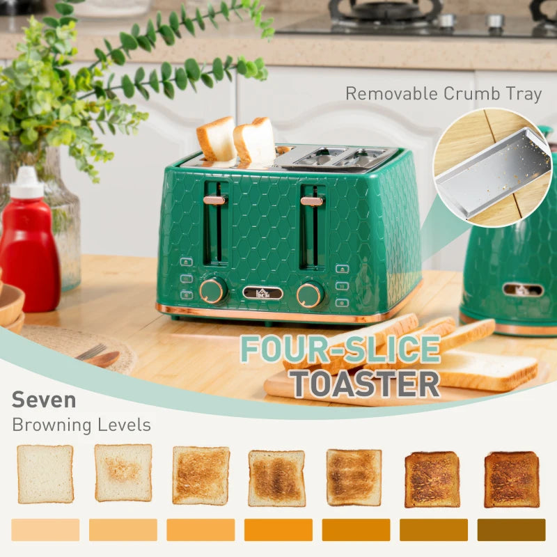 Green Kettle and Toaster Set - 1.7L Fast Boil Jug Kettle & 4 Slice Toaster with 7 Browning Levels, UK Thermostat