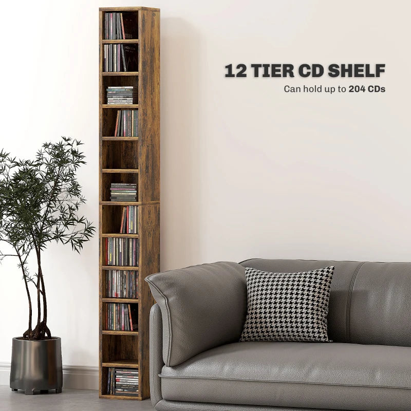 204 CD Tall Narrow Media Storage Tower - Rustic Brown - Space-Saving Organizer for DVDs, Games & Media - Stylish Home Decor