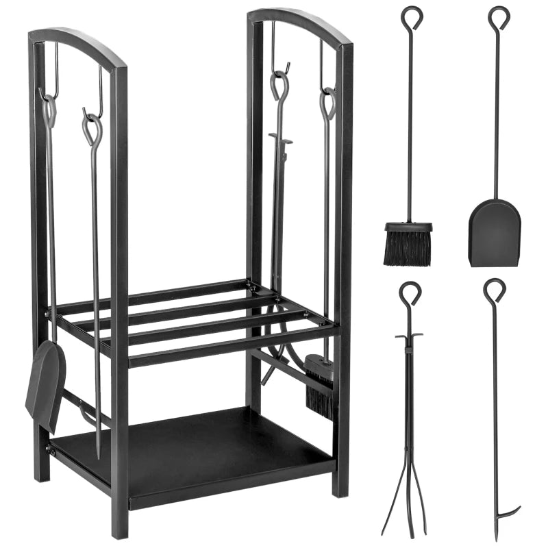 Metal Firewood Log Holder Rack - 2 Layer Indoor Outdoor Fireplace Wood Storage with Tools & Hooks, Black, 40L x 30W x 74.5H cm