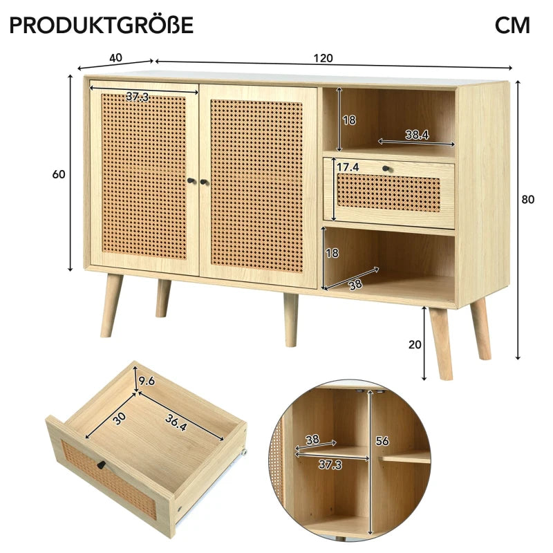 Modern Light Oak Sideboard with Woven Doors, Drawers & Unique Legs - 120L x 40W x 80H cm, Stylish Storage Solution