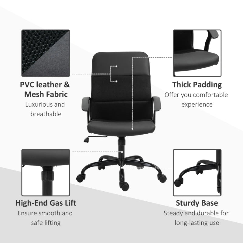 Vinsetto Black Mesh Office Chair - Faux Leather Desk Chair with Swivel Wheels, Adjustable Height & Tilt Function