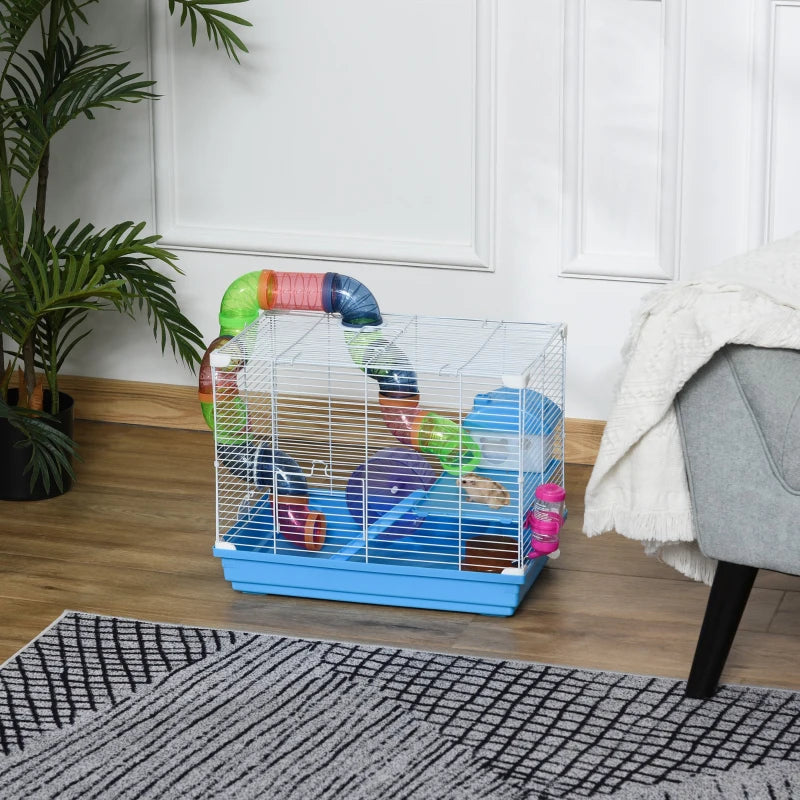 Blue 2-Tier Hamster Cage with Handle, Exercise Wheels, Tunnel, Water Bottle & Accessories for Dwarf Gerbils