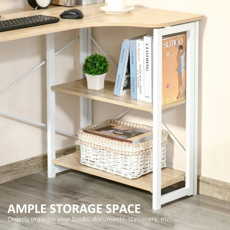 L Shaped Folding Desk with 2-Tier Storage Shelf - Corner Computer Desk for Home Office, Easy Assembly, Oak Tone, 120x72.5cm