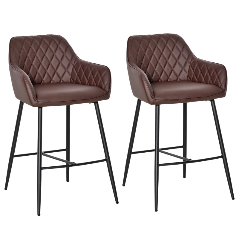 Set of 2 Retro PU Leather Bar Stools with Footrest - Stylish Metal Frame Dining Chairs in Brown