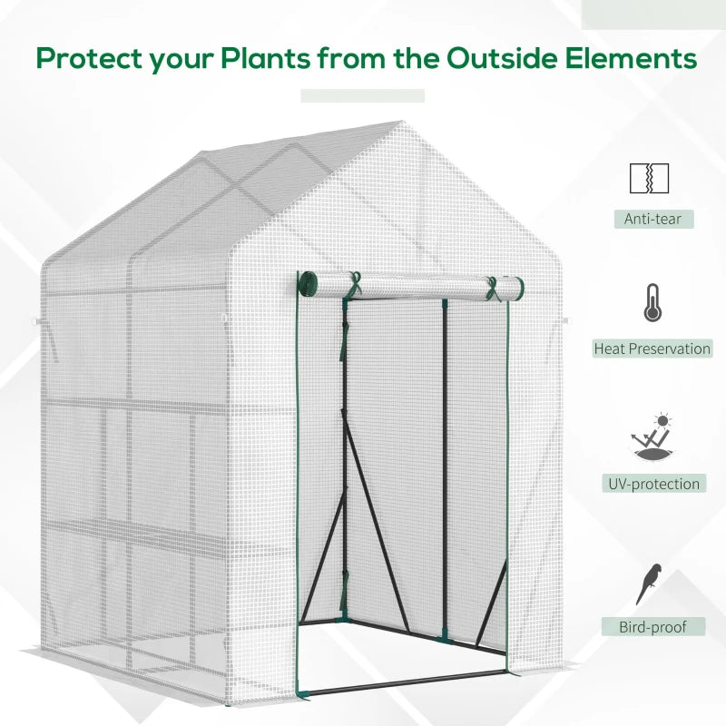 Portable Greenhouse with 2 Tier Shelf, Roll-Up Door, PE Cover - Green, 143x143x195cm