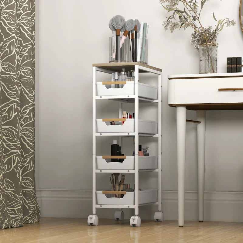 5-Tier Rolling Storage Trolley - White Multi-Functional Organizer Cart with Wheels for Home, Office, and Kitchen