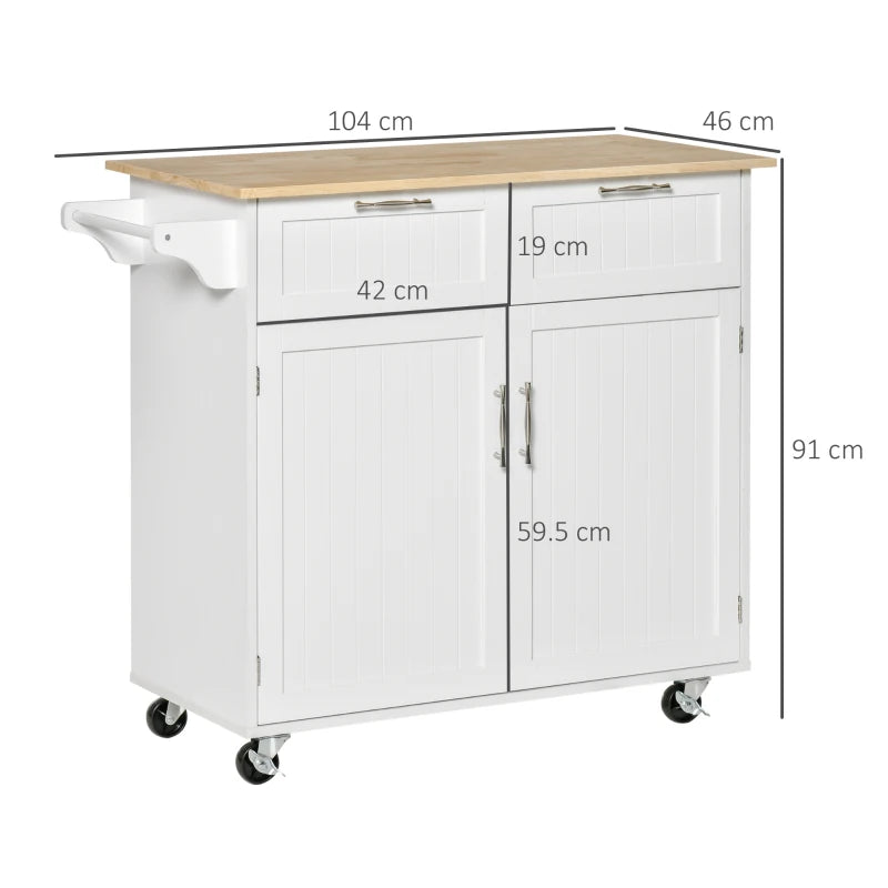 White Kitchen Island Utility Cart with 2 Storage Drawers & Cabinets - Perfect for Dining Room Organization