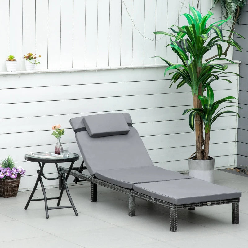 Grey Rattan Sun Lounger with Padded Cushion & 5-level Recline