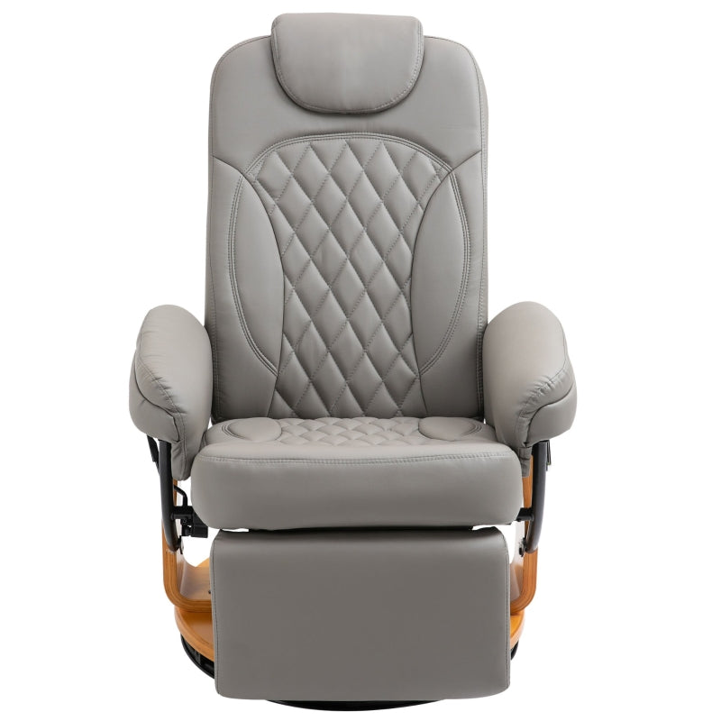 Comfortable PU Recliner Chair with Footrest and Headrest, Stylish Round Wooden Base for Living Room, Bedroom, or Office, Grey