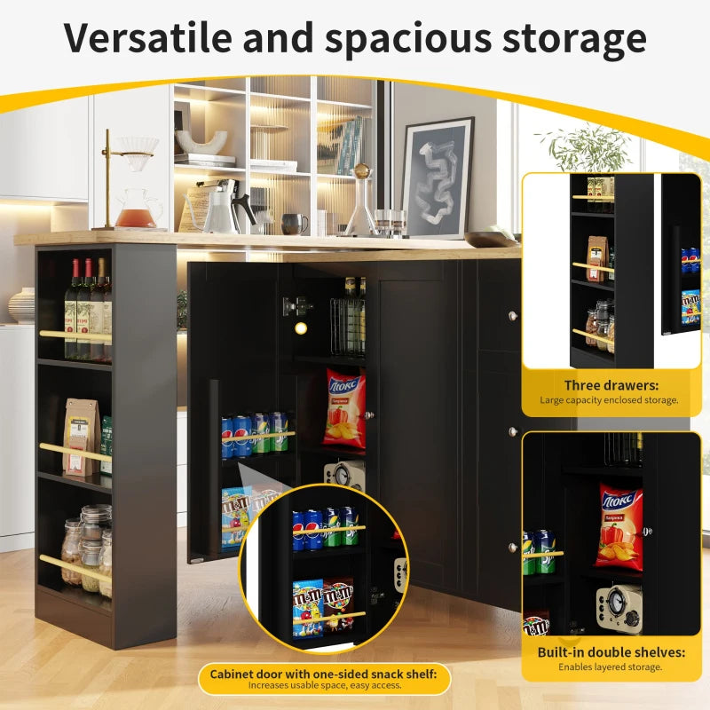 360° Swiveling Dining Table with Snack Rack & Drawers - Multifunctional Kitchen Island on Castors, Black, 209L x 39W x 104H cm