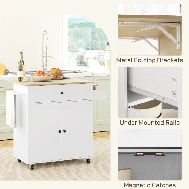 Rolling Kitchen Island with Drop Leaf - White Kitchen Storage Cart with Drawer, Spice Rack & Towel Rack