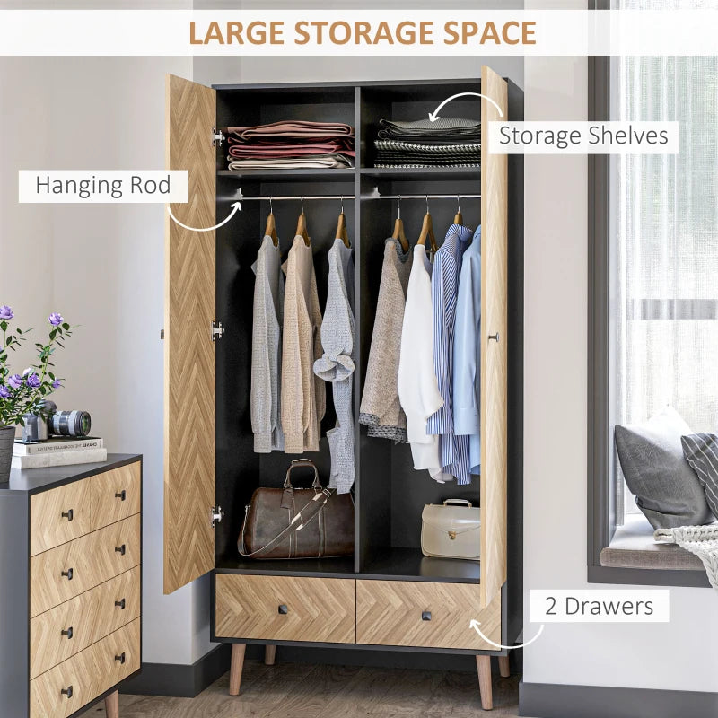 Stylish Modern Wardrobe Cabinet with Wood Grain Finish Shelf Hanging Rod and Drawers 90x50x190cm