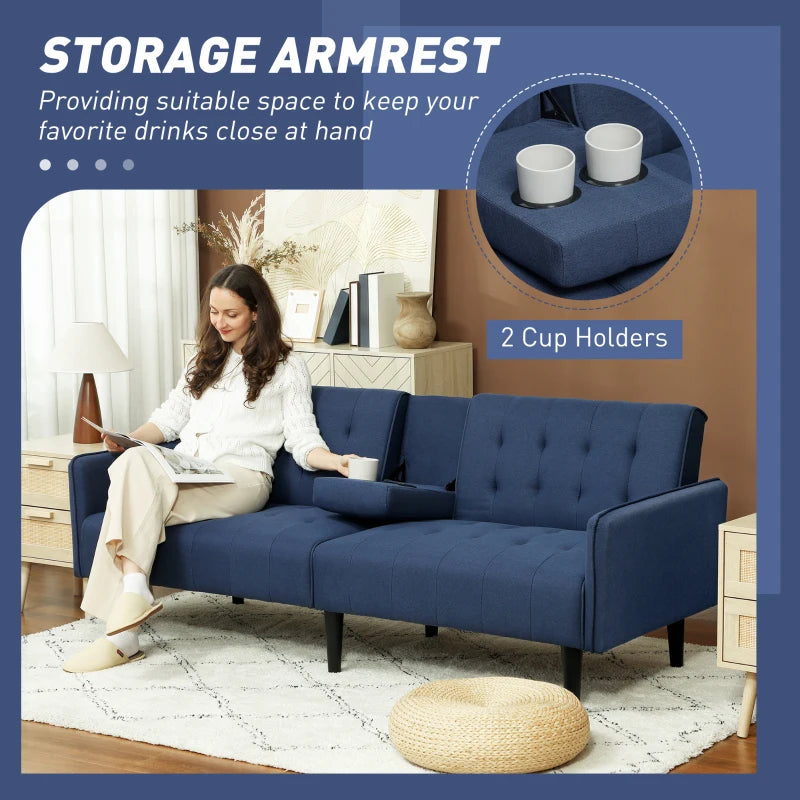 Dark Blue Three-Seater Sofa Bed with Cupholders for Comfort and Style in Your Living Room
