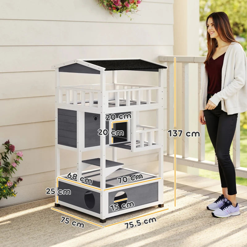 Wooden 3-Tier Outdoor Cat House with Tilted Roof, Terrace, Jump Step, Waterproof Grey Shelter for Cats
