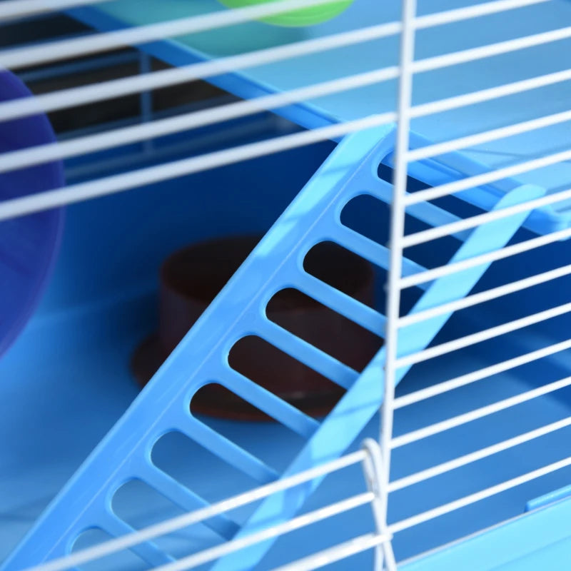 Blue 2-Tier Hamster Cage with Handle, Exercise Wheels, Tunnel, Water Bottle & Accessories for Dwarf Gerbils