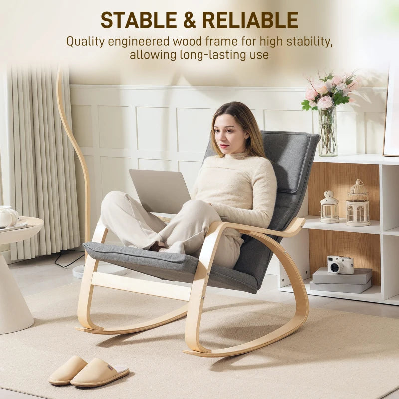 Comfortable Upholstered Rocking Chair with High Back and Headrest for Living Room and Bedroom in Grey