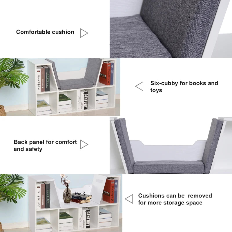 Stylish White Bookcase Storage Shelf with Cushioned Reading Seat - Cube Bookshelf Organizer for Bedroom & Living Room