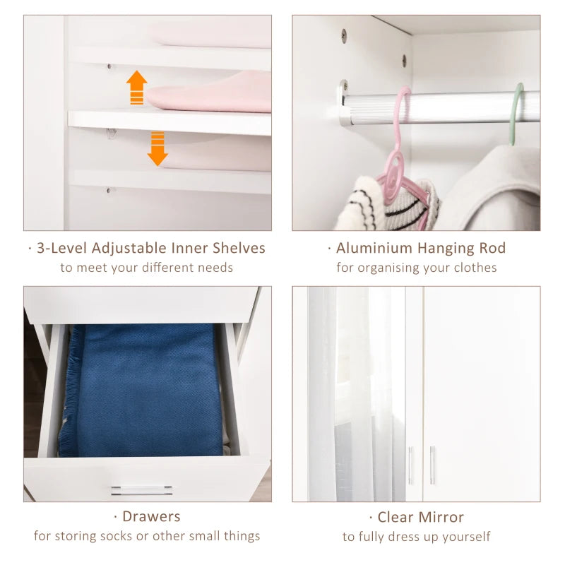 Modern 2 Door Mirrored Wardrobe with 3 Drawers and Adjustable Shelves for Bedroom