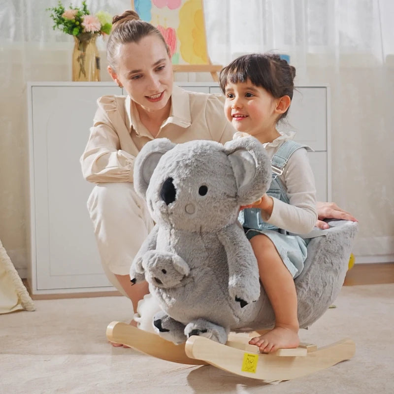 Kids Toddler Plush Rocking Horse Koala Ride-On with Wooden Base & Safety Belt - Soft Doll Toy for 18-36 Months Grey
