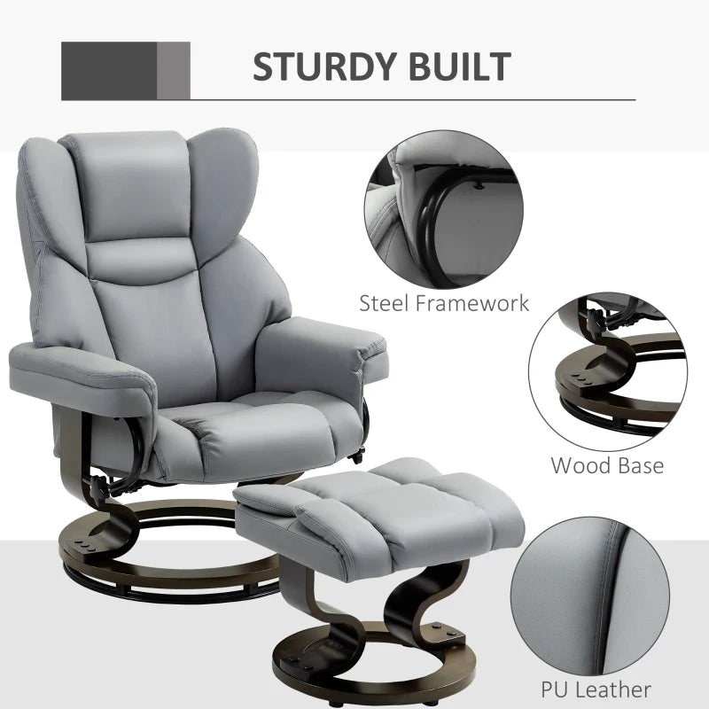 Faux Leather Recliner Chair with Footstool - Swivel Upholstered Armchair with Adjustable Backrest and Solid Wood Base in Light Grey