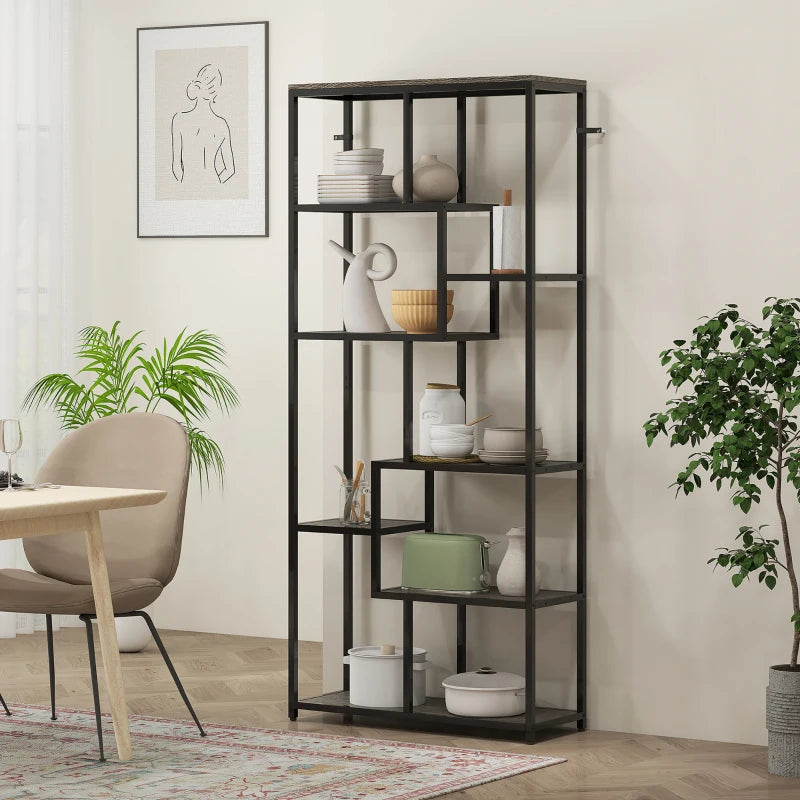 Unique Seven-Tier Geometric Bookcase in Grey and Black - Modern Storage Solution for Home or Office Decor