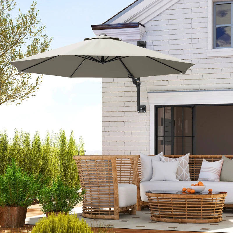 3m Wall-Mounted Parasol Shade with Handle - Light Grey Outdoor Umbrella for Patio
