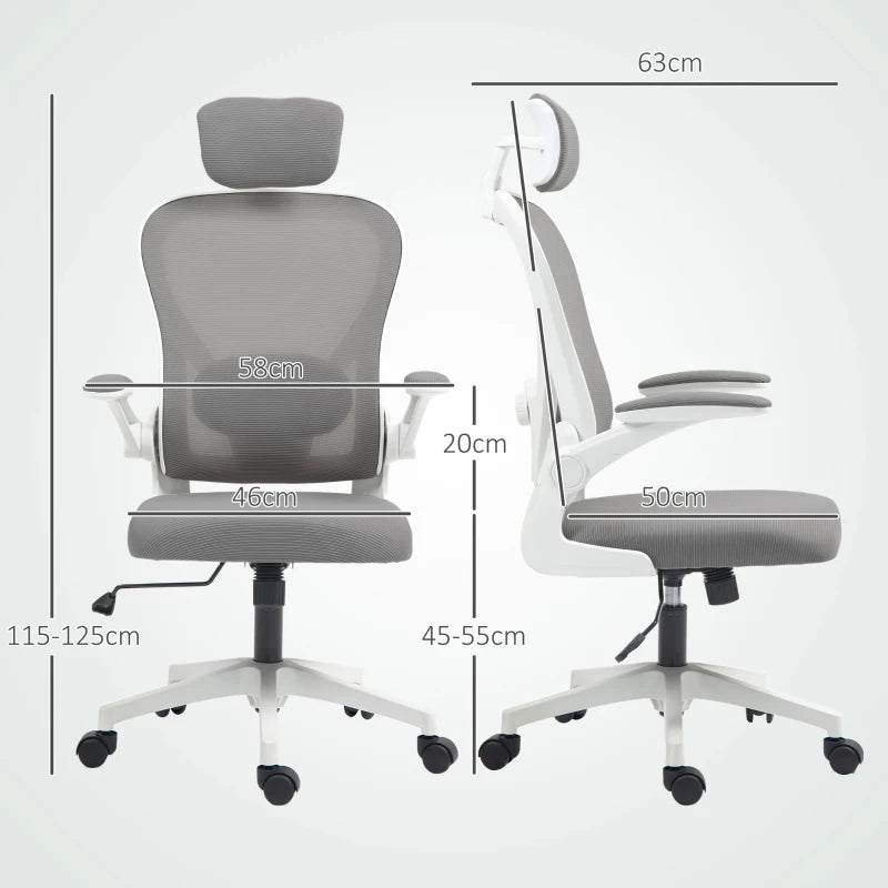 Ergonomic Executive Office Chair - High Back Mesh Desk Chair with Flip-Up Armrests, Rotatable Headrest & Adjustable Lumbar Support - Grey