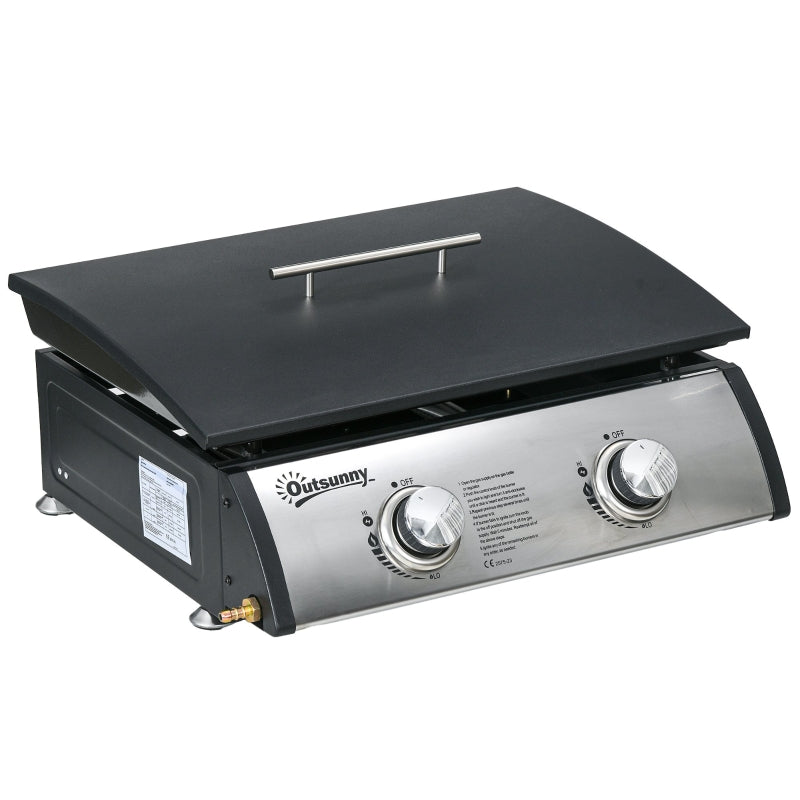 Portable Gas Plancha Grill - Stainless Steel Burners, 10kW, Non-Stick Griddle (Black)