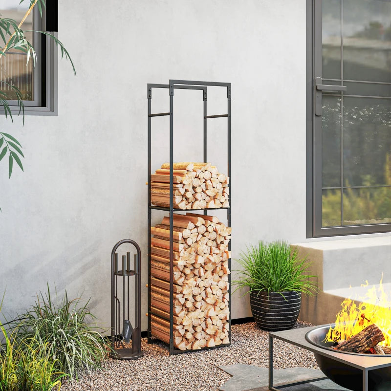 Heavy Duty Metal Firewood Log Holder Rack with Adjustable Shelf - Indoor/Outdoor Fireplace Wood Storage, 45x31x170 cm, Black
