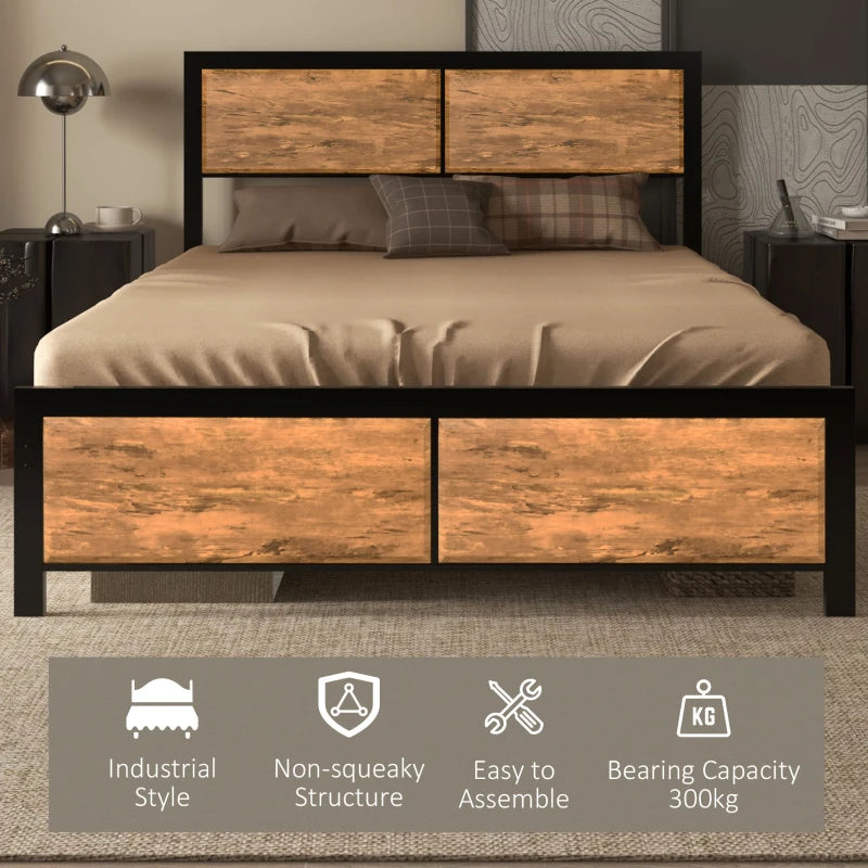 Industrial Double Bed Frame 5FT Steel Base with Headboard & Footboard, Slatted Support, Under Bed Storage, Rustic Brown 142x195cm