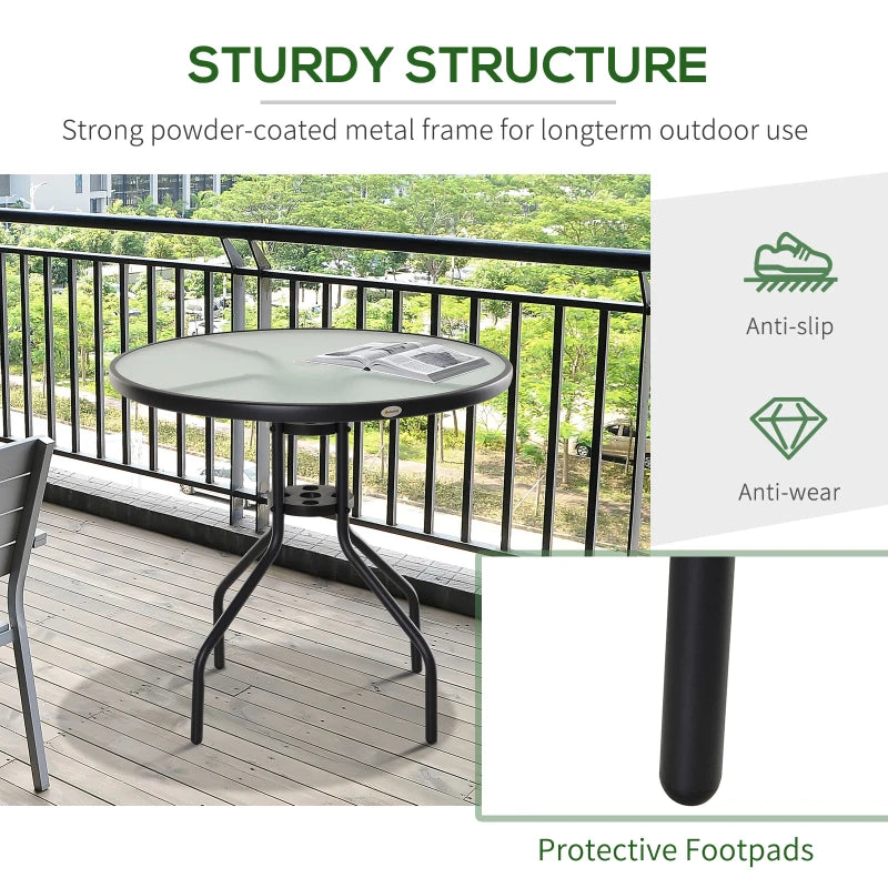 Round Outdoor Patio Table with Parasol Hole - 80cm, Tempered Glass Top, Black