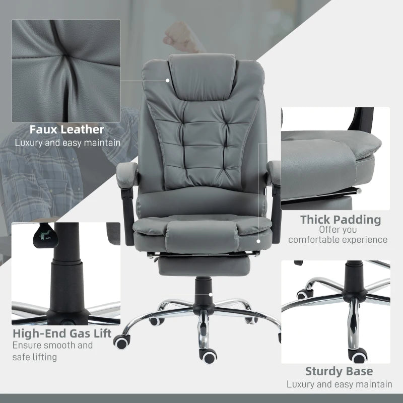 Executive Office Chair with Swivel Wheels, Reclining Backrest & Retractable Footrest - Stylish Grey Home Office Seating