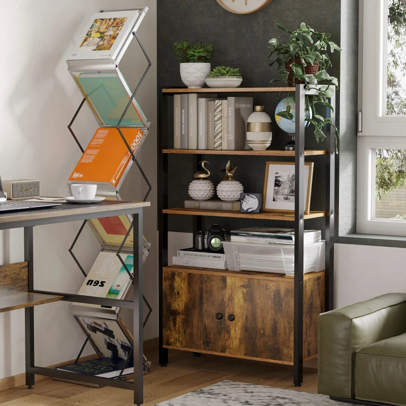 Rustic Brown 3-Tier Industrial Bookshelf & Storage Cabinet with Doors for Home Office & Living Room