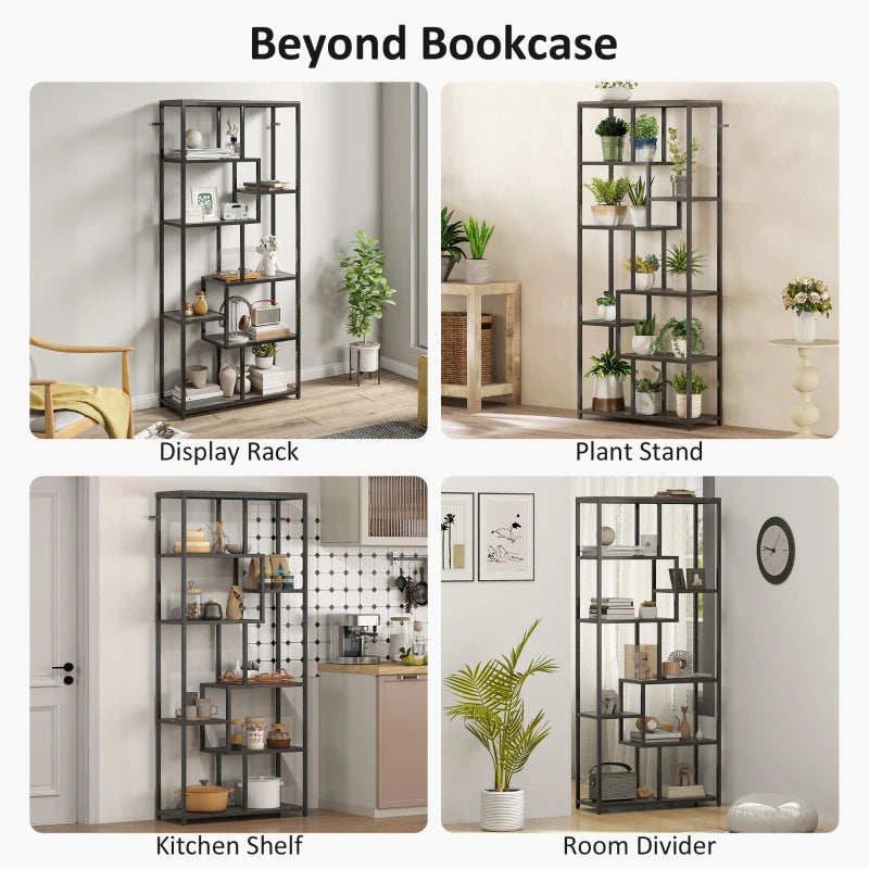 Unique Seven-Tier Geometric Bookcase in Grey and Black - Modern Storage Solution for Home or Office Decor