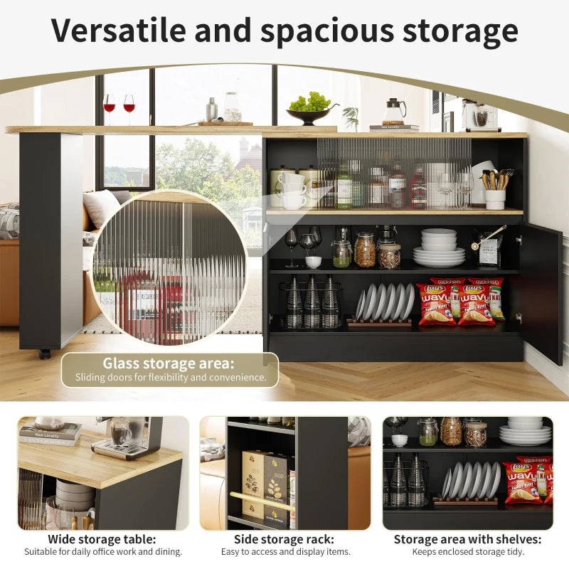 360° Swiveling Black Dining Bar Cabinet with Sliding Glass Doors & Open Shelves - Rotating Table, 90L x 120W x 100H cm